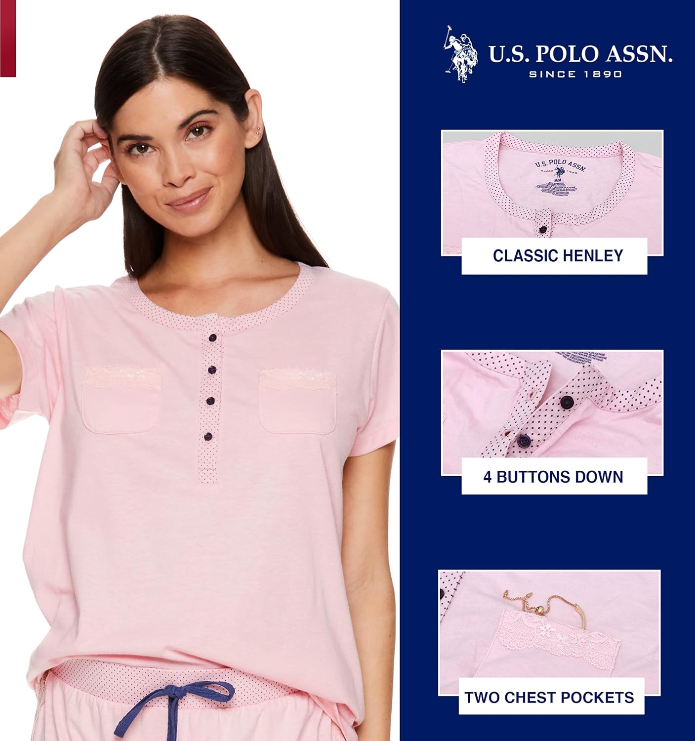 image:imageUS POLO ASSN Cotton Pajamas for Women Set Short Sleeve Henley Top and Jogger PantsLight Pink Heather2