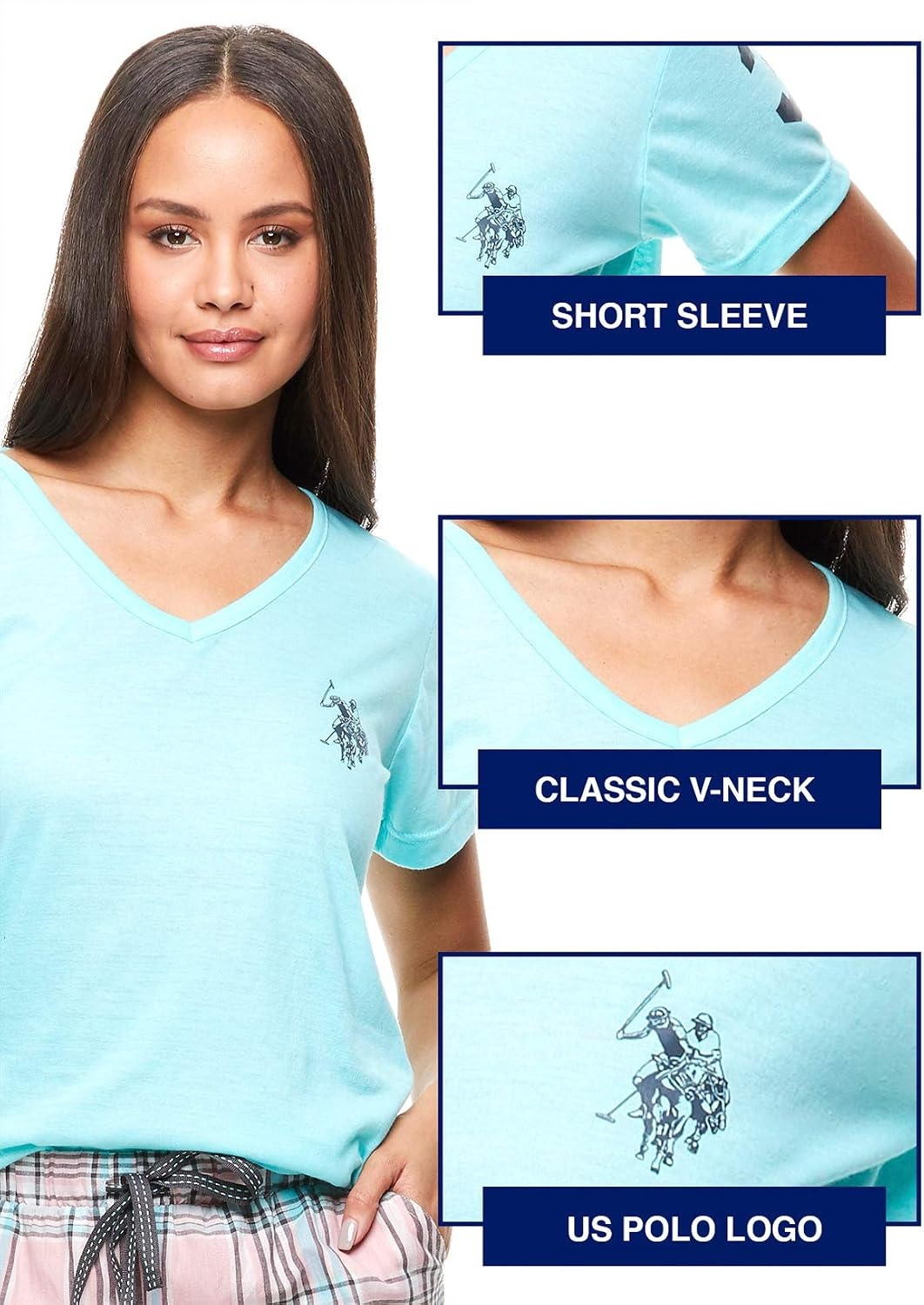 image:imageUS POLO ASSN Cotton Pajamas for Women Set Short Sleeve TShirt and ShortsMint W Pockets