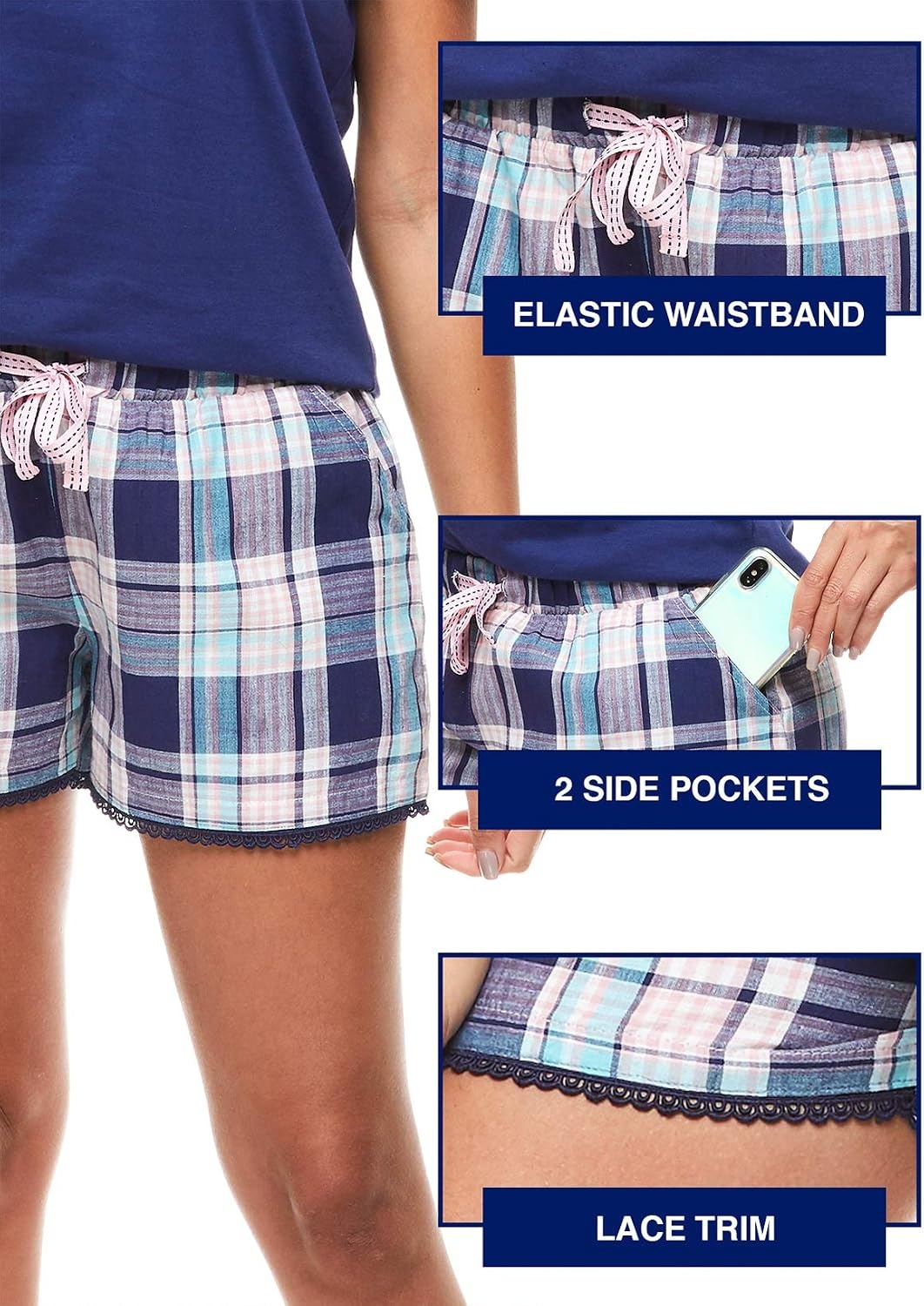 image:imageUS POLO ASSN Cotton Pajamas for Women Set Short Sleeve TShirt and ShortsNavy W Pockets