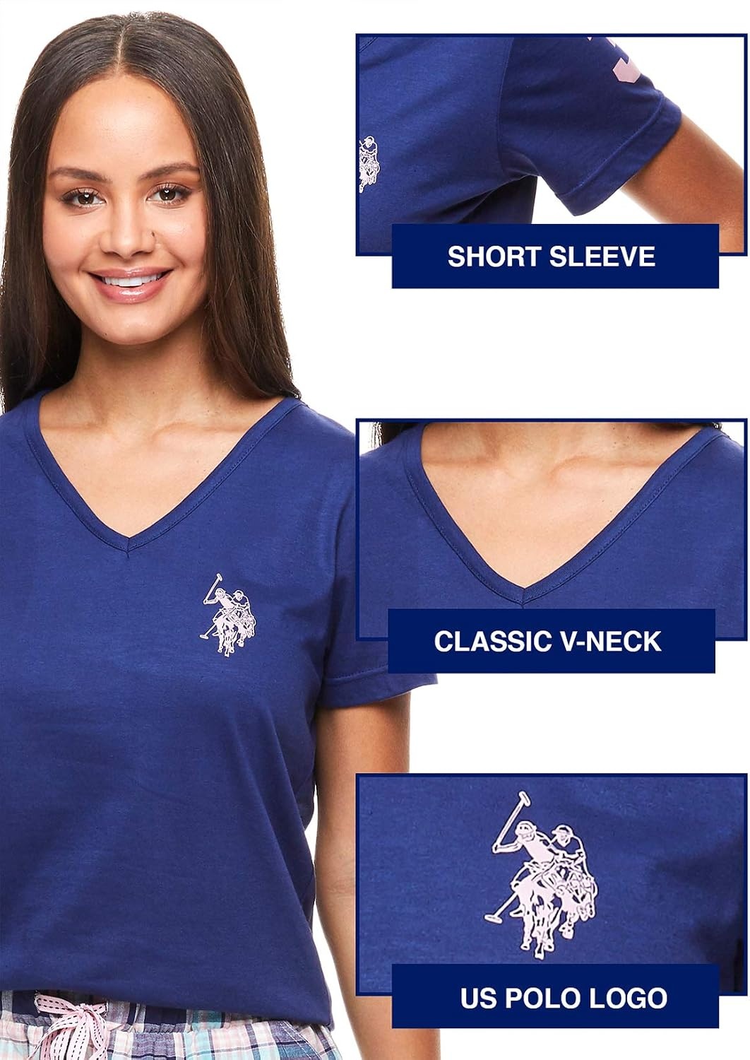 image:imageUS POLO ASSN Cotton Pajamas for Women Set Short Sleeve TShirt and ShortsNavy W Pockets