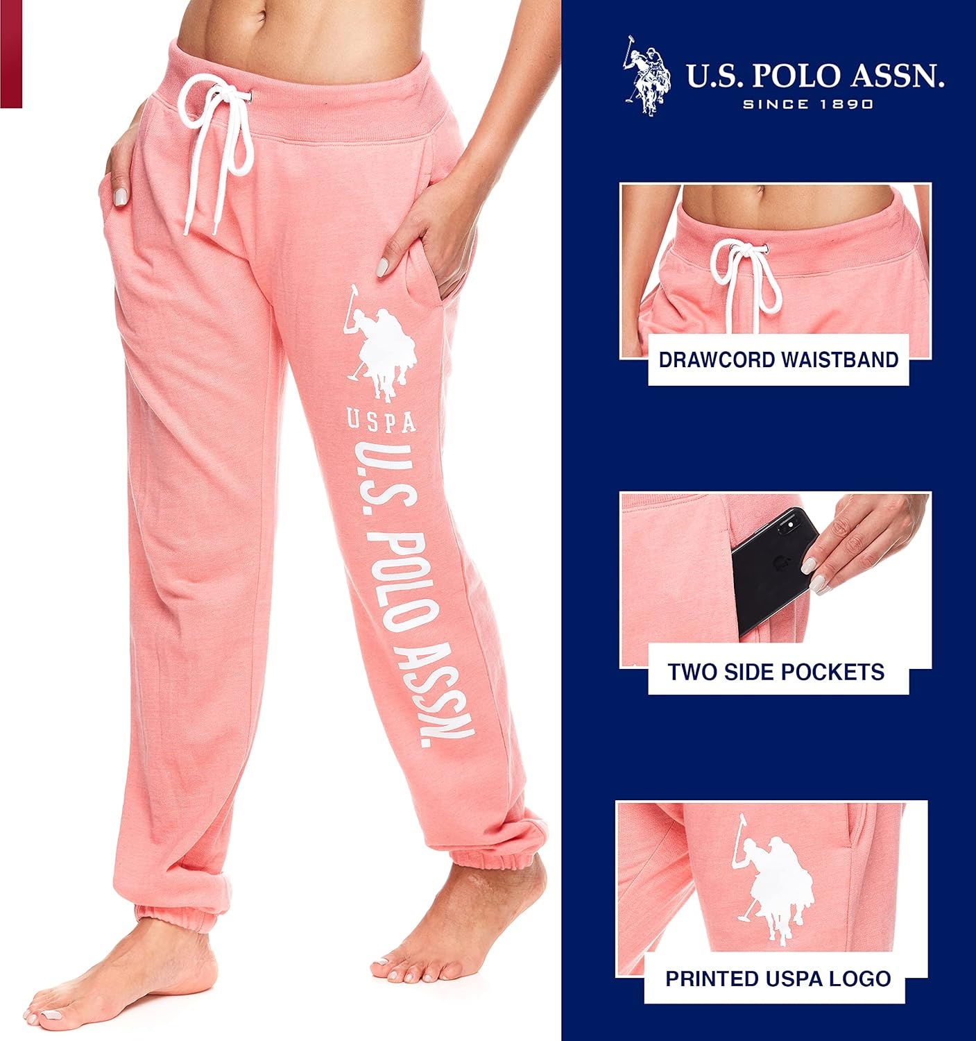 image:imageUS POLO ASSN Essentials Sweatpants with Pockets Comfy Breathable French Terry Womens JoggersCoralheather
