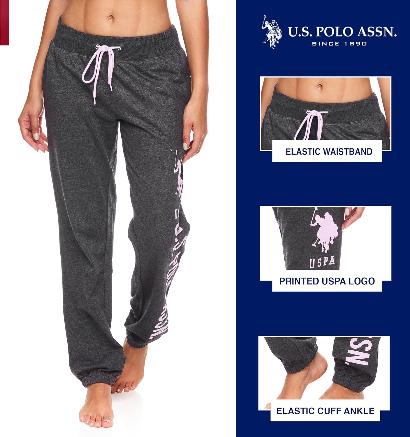 image:imageUS POLO ASSN Essentials Sweatpants with Pockets Comfy Breathable French Terry Womens JoggersDark Charcoal Heather With Light Pink Print