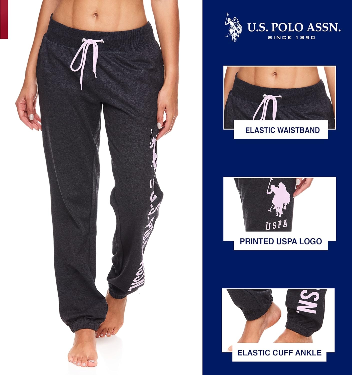 image:imageUS POLO ASSN Essentials Sweatpants with Pockets Comfy Breathable French Terry Womens JoggersDark Charcoal HeatherWhite Print