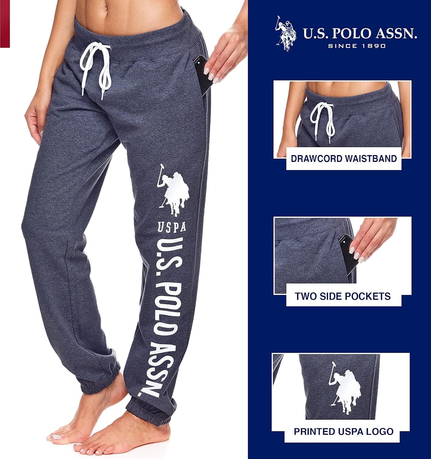 image:imageUS POLO ASSN Essentials Sweatpants with Pockets Comfy Breathable French Terry Womens JoggersDark Navy Heather4