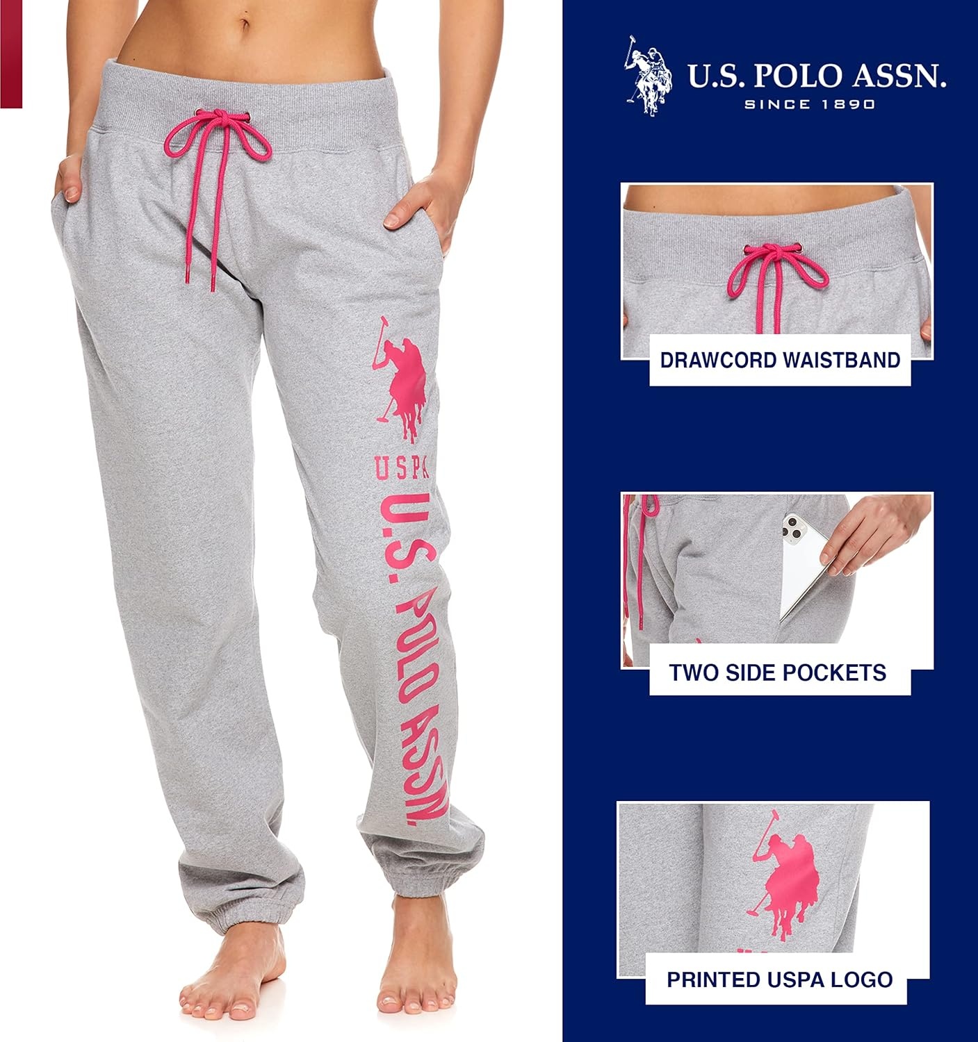 image:imageUS POLO ASSN Essentials Sweatpants with Pockets Comfy Breathable French Terry Womens JoggersHeather Gray4