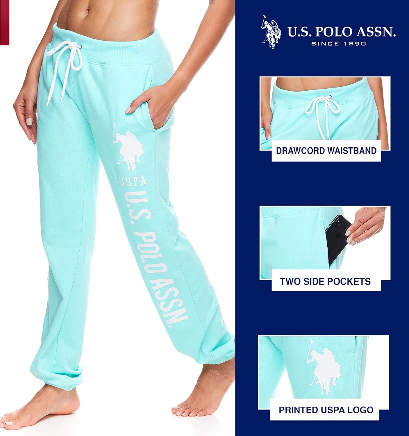 image:imageUS POLO ASSN Essentials Sweatpants with Pockets Comfy Breathable French Terry Womens JoggersMintheather