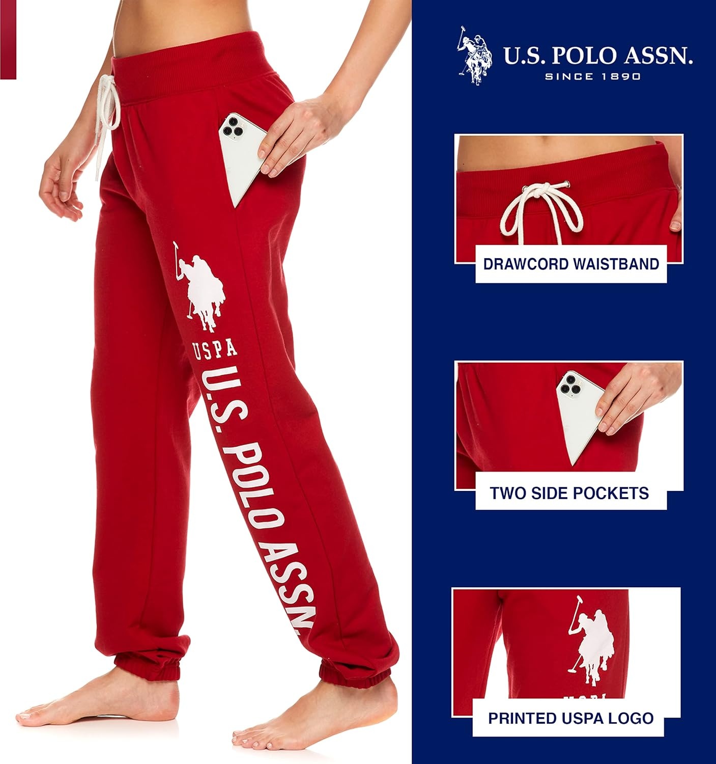 image:imageUS POLO ASSN Essentials Sweatpants with Pockets Comfy Breathable French Terry Womens JoggersRed4