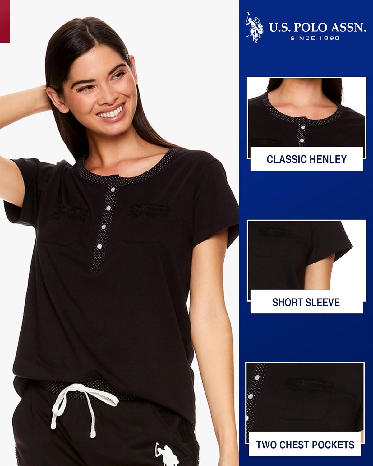 image:imageUS POLO ASSN Womens Pajama Set with Pockets Short Sleeve Shirt and Pajama Pants Pj SetBlack1