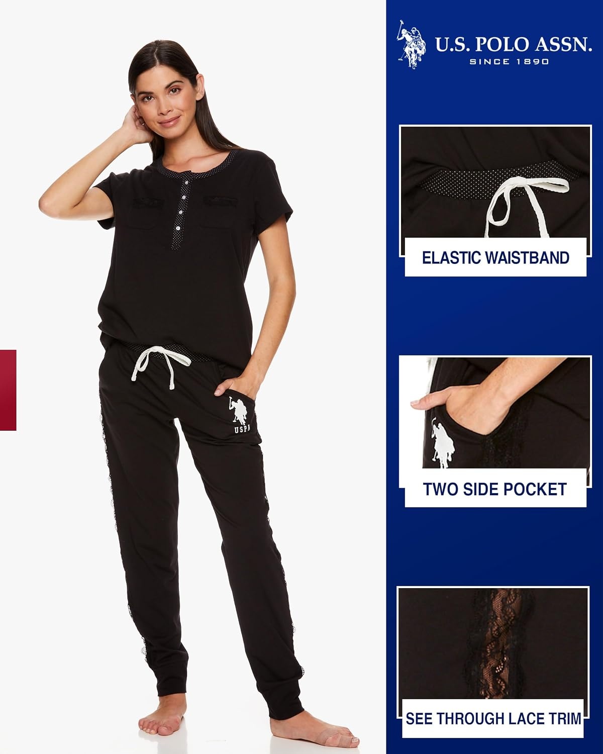 image:imageUS POLO ASSN Womens Pajama Set with Pockets Short Sleeve Shirt and Pajama Pants Pj SetBlack1