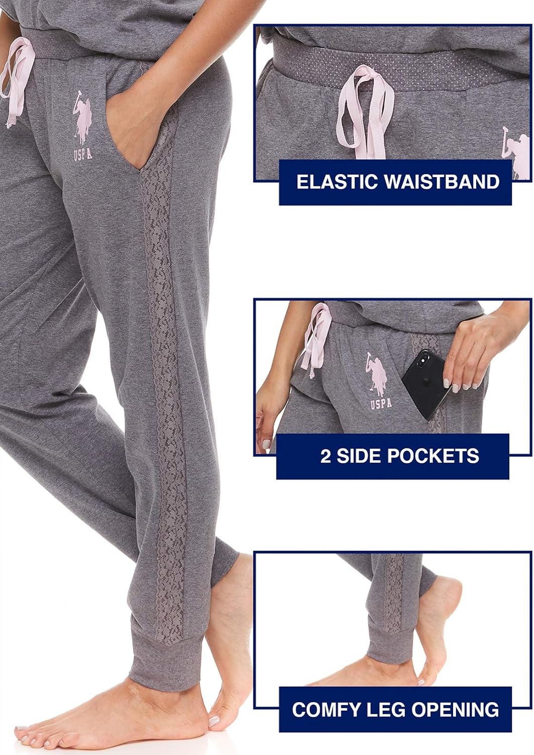 image:imageUS POLO ASSN Womens Pajama Set with Pockets Short Sleeve Shirt and Pajama Pants Pj SetCharcoal Heather