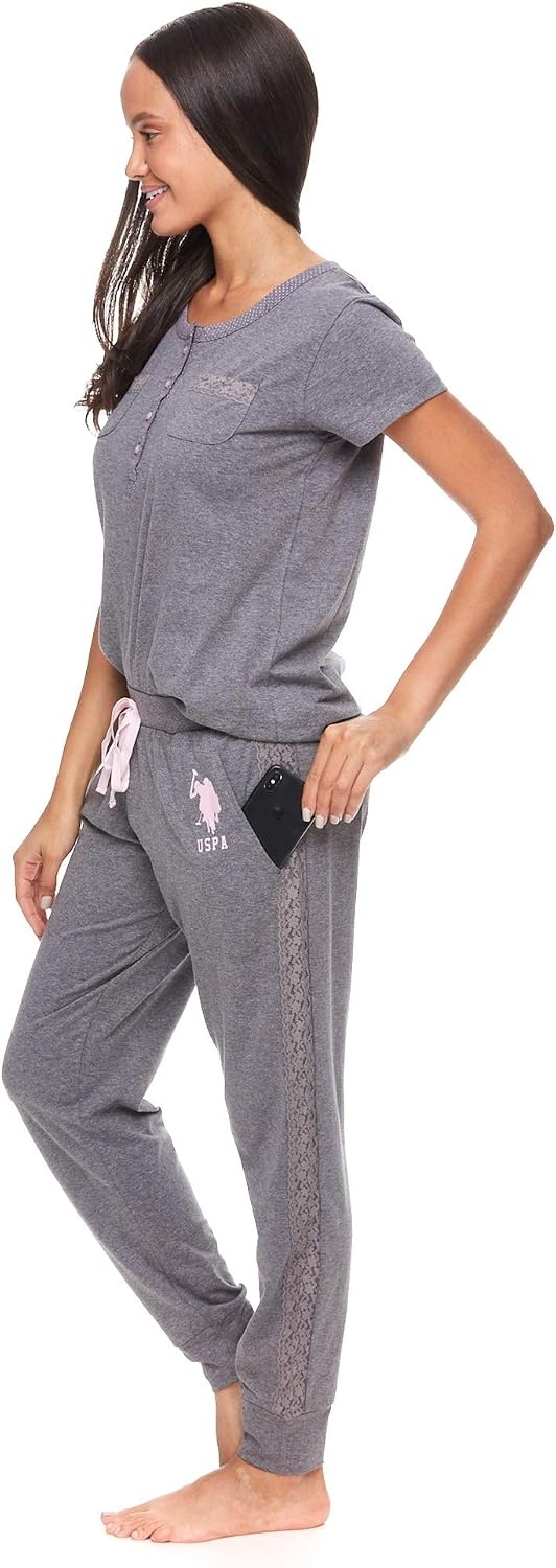 image:imageUS POLO ASSN Womens Pajama Set with Pockets Short Sleeve Shirt and Pajama Pants Pj SetCharcoal Heather