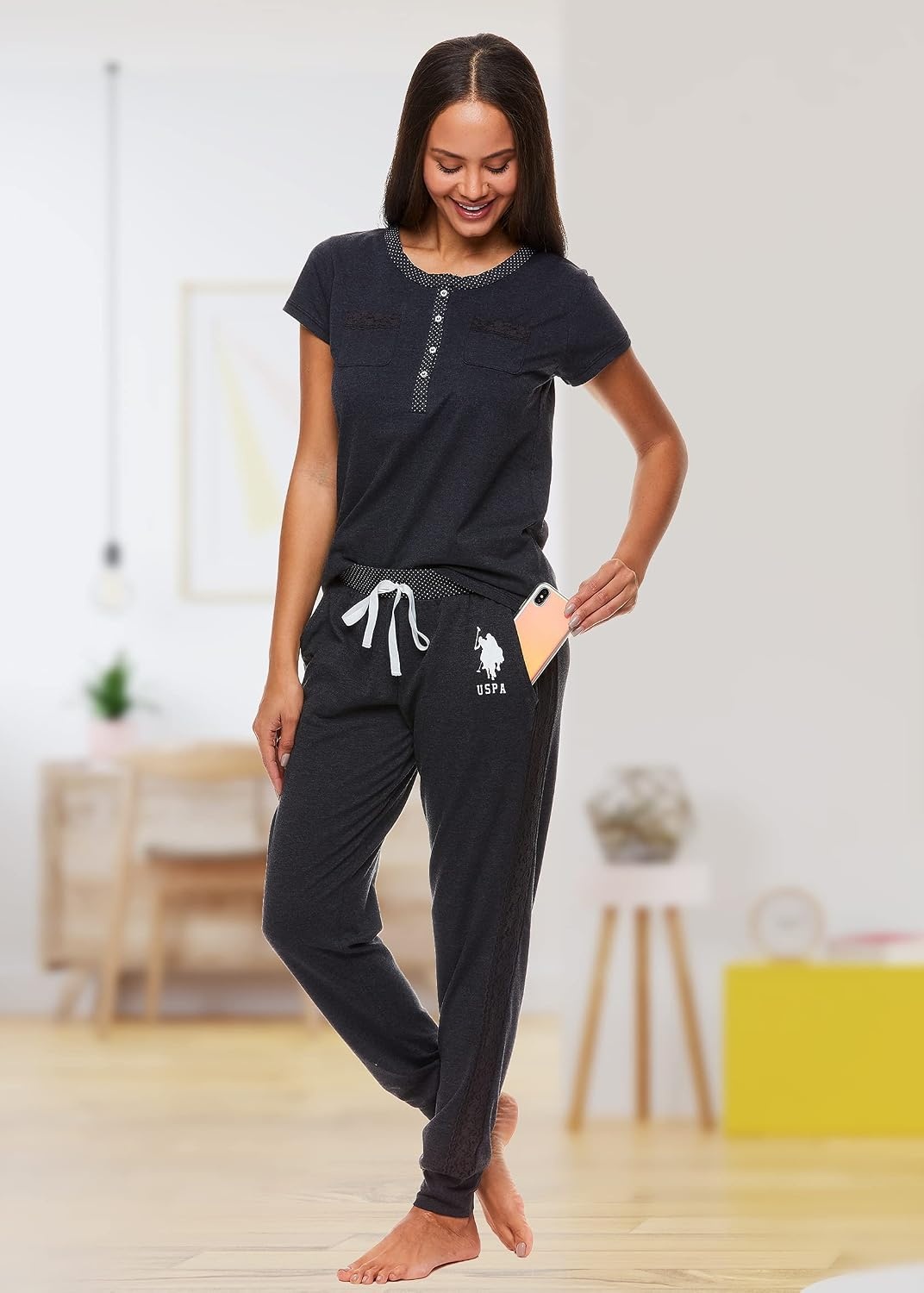 image:imageUS POLO ASSN Womens Pajama Set with Pockets Short Sleeve Shirt and Pajama Pants Pj SetGeorgia Peach Heather
