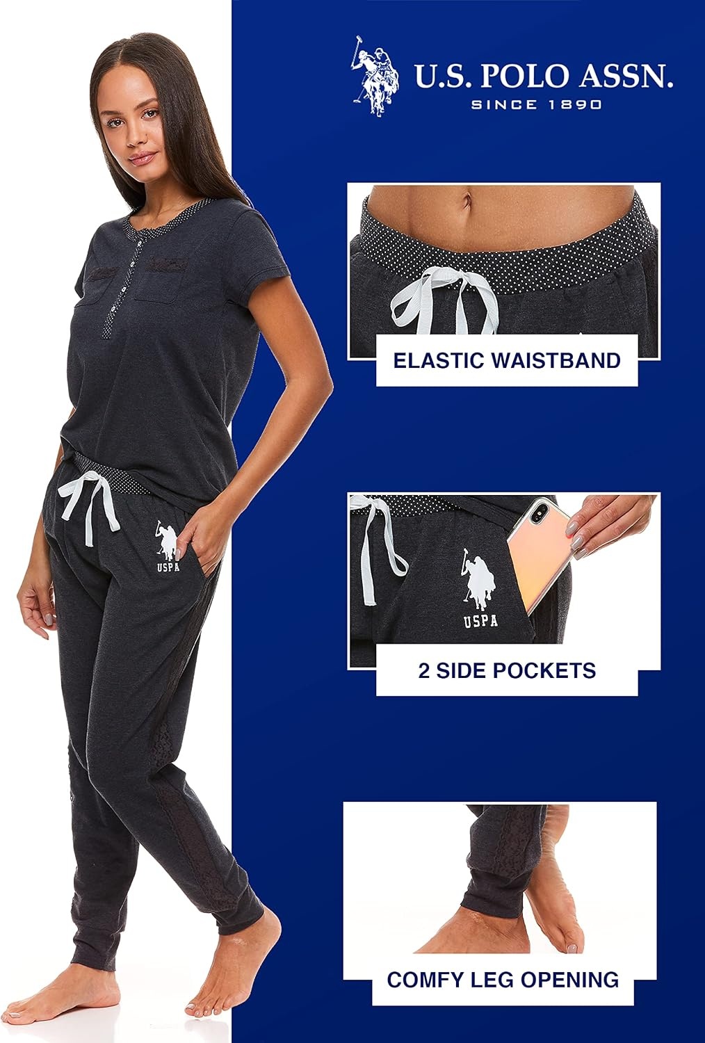 image:imageUS POLO ASSN Womens Pajama Set with Pockets Short Sleeve Shirt and Pajama Pants Pj SetGeorgia Peach Heather