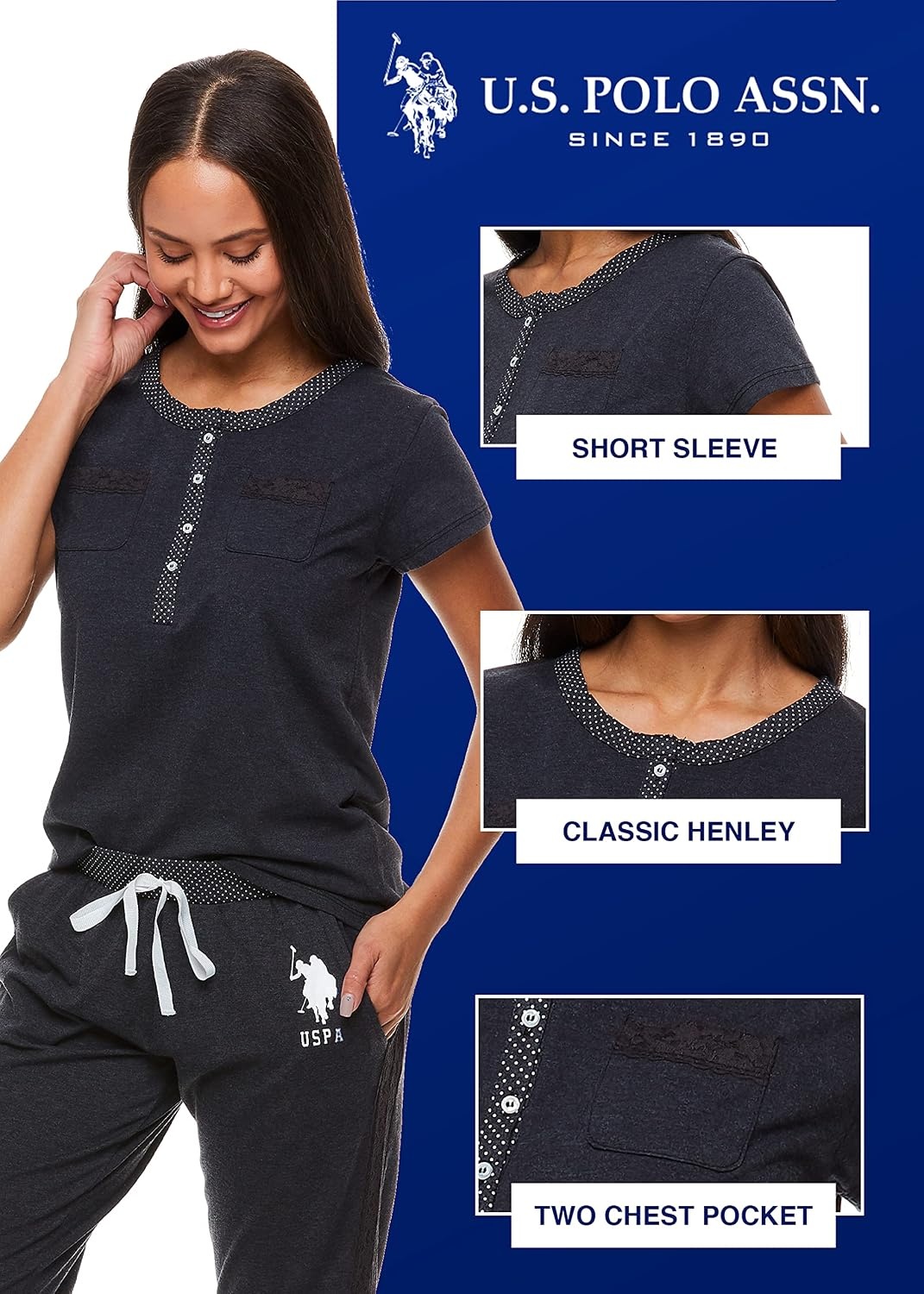 image:imageUS POLO ASSN Womens Pajama Set with Pockets Short Sleeve Shirt and Pajama Pants Pj SetGeorgia Peach Heather
