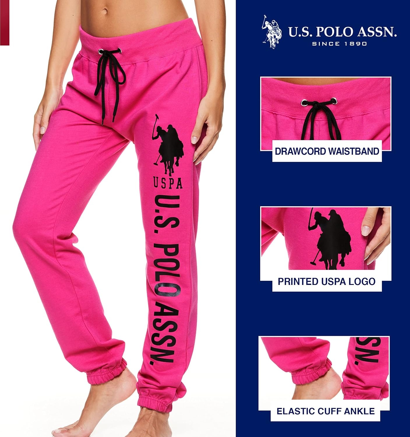 image:imageUS POLO ASSN Womens Sweatpants Women Joggers Sweats with Logo Print French Terry PolyCottonFuchsia3