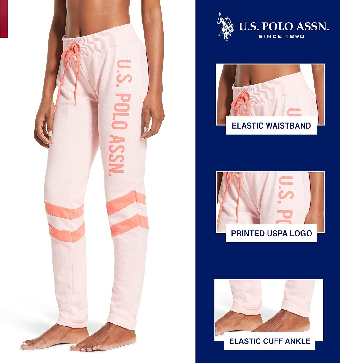 image:imageUS POLO ASSN Womens Sweatpants Women Joggers Sweats with Logo Print French Terry PolyCottonLight Pink Heather With Stripe
