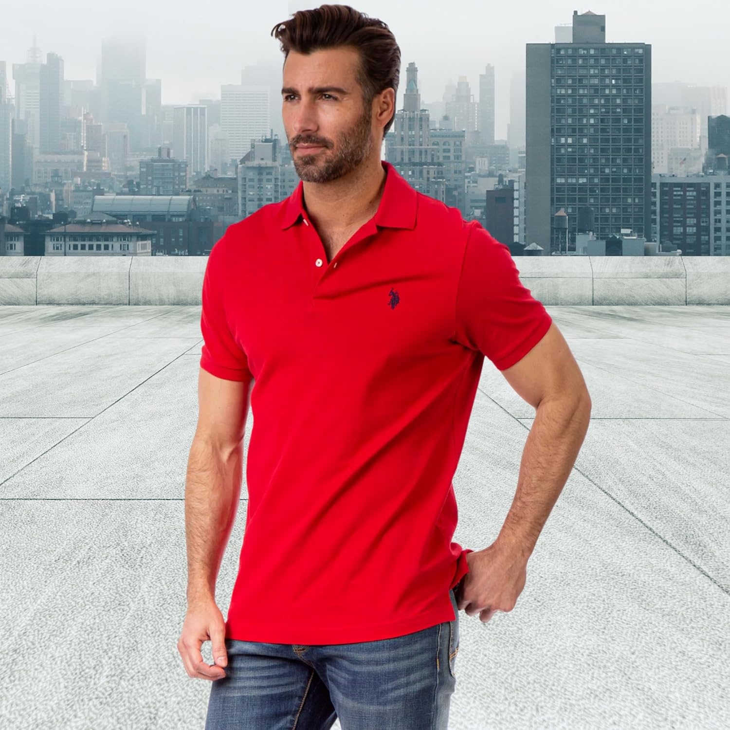 image:imageUS Polo ASSN Mens Solid Pique Polo ShirtHavana Red