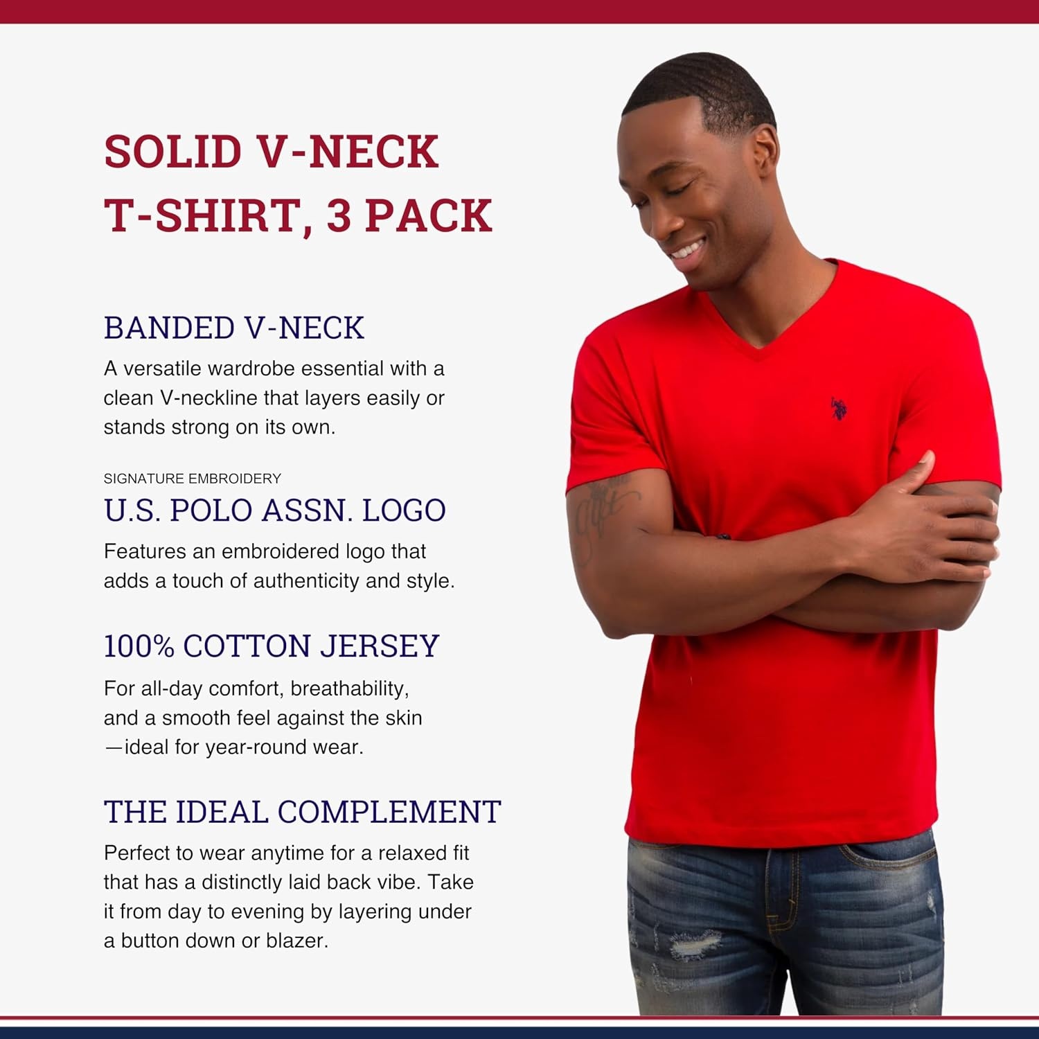 image:imageUS Polo Assn Mens Solid VNeck TShirtClassic NavyWhiteEngine Red