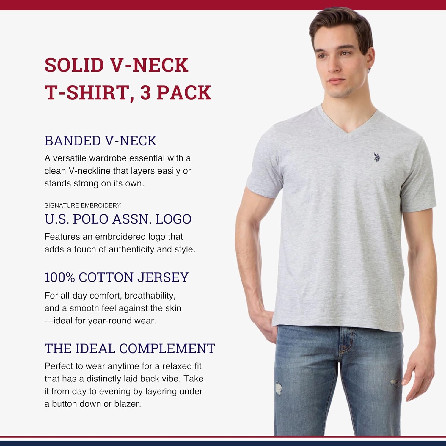 image:imageUS Polo Assn Mens Solid VNeck TShirtHeather GreyWhiteBlack