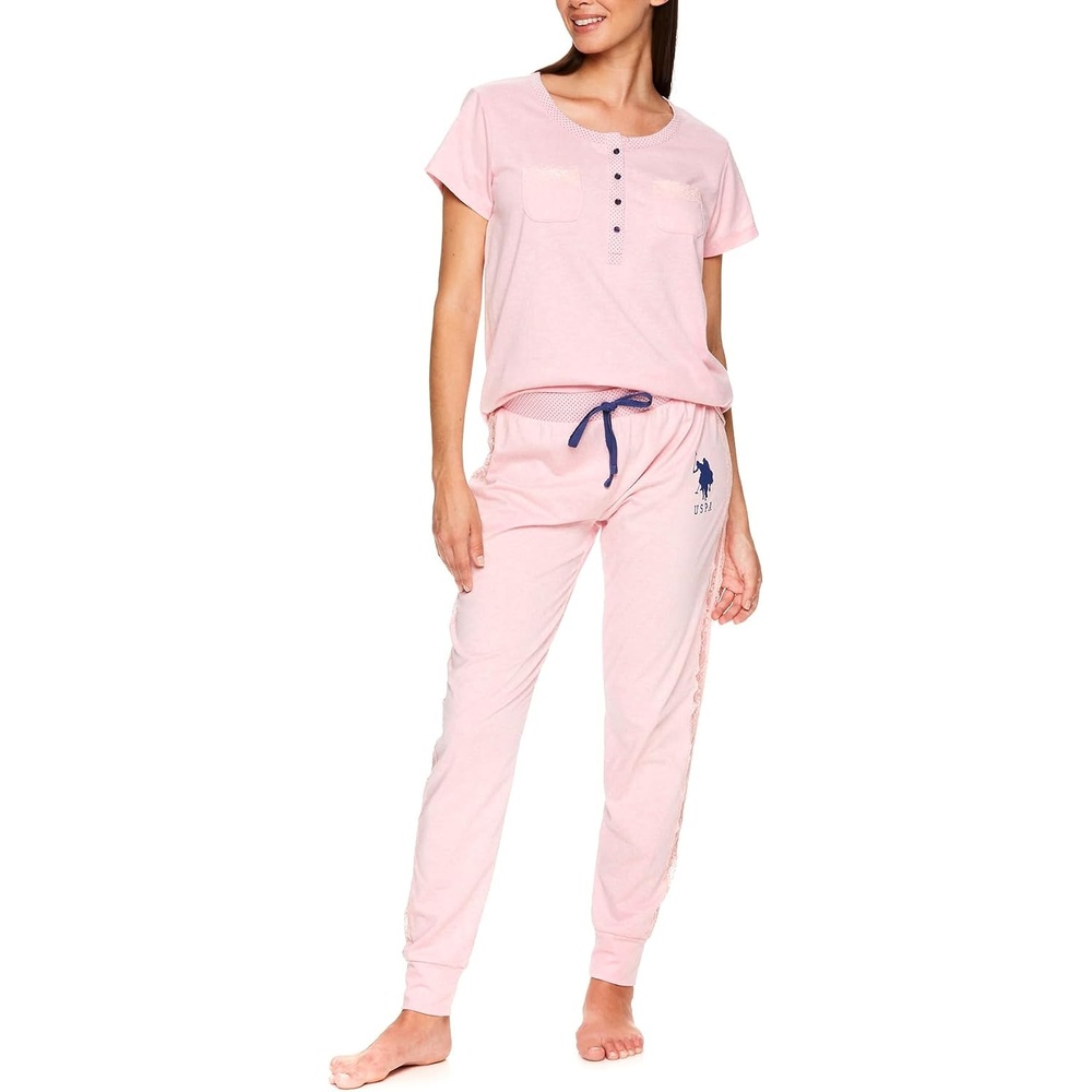 image:imageUS POLO ASSN Cotton Pajamas for Women Set Short Sleeve Henley Top and Jogger PantsLight Pink Heather2