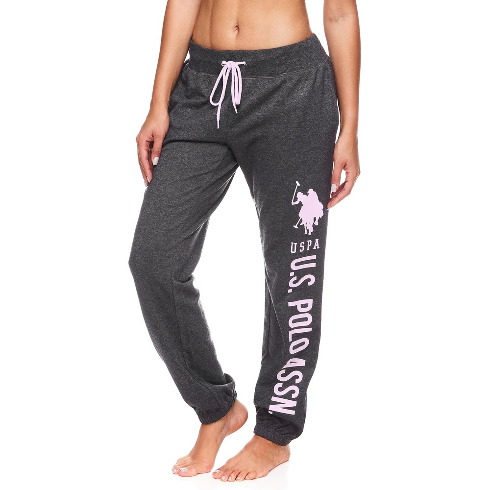image:imageUS POLO ASSN Essentials Sweatpants with Pockets Comfy Breathable French Terry Womens JoggersDark Charcoal Heather With Light Pink Print
