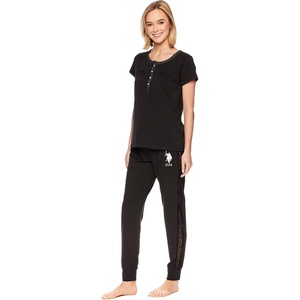 U.S. POLO ASSN. Cotton Pajamas for Women Set, Short Sleeve Henley Top and Jogger Pants(Black)