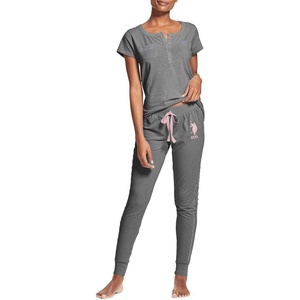U.S. POLO ASSN. Cotton Pajamas for Women Set, Short Sleeve Henley Top and Jogger Pants(Charcoal Heather)
