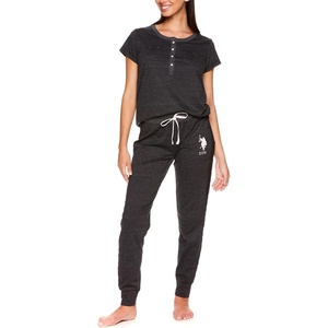 U.S. POLO ASSN. Cotton Pajamas for Women Set, Short Sleeve Henley Top and Jogger Pants(Dark Charcoal Heather1)