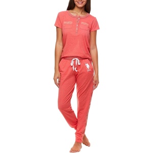 U.S. POLO ASSN. Cotton Pajamas for Women Set, Short Sleeve Henley Top and Jogger Pants(Georgia Peach Heather)
