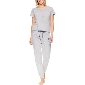 U.S. POLO ASSN. Cotton Pajamas for Women Set, Short Sleeve Henley Top and Jogger Pants(Heather Gray2)