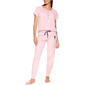 U.S. POLO ASSN. Cotton Pajamas for Women Set, Short Sleeve Henley Top and Jogger Pants(Light Pink Heather2)