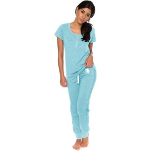 U.S. POLO ASSN. Cotton Pajamas for Women Set, Short Sleeve Henley Top and Jogger Pants(Mint Heather)